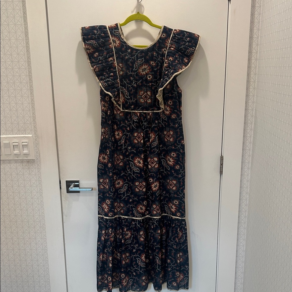 Sea Women’s Floral Ruffle Midi Dress - Navy with Rust Accents and pockets